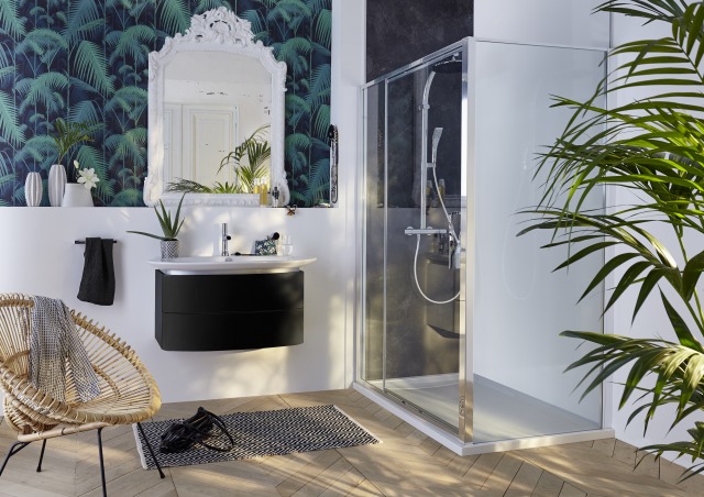 Ванная комната Presqu'ile украшена небольшим горшком с зелеными растениями в интерьере с душевой зоной