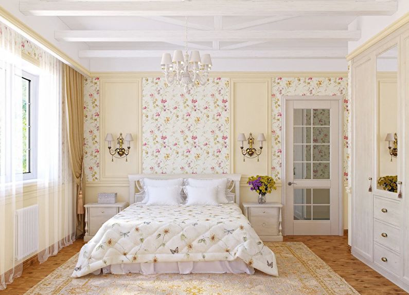 Сочетание цветов в интерьере спальни - белый с бежевым и розовым