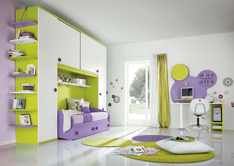 Сочетание цветов в интерьере детской комнаты - белый с зеленым и фиолетовым