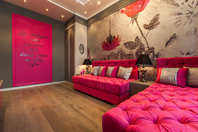 Сочетание цветов в интерьере гостиной - розовый с серым и коричневым