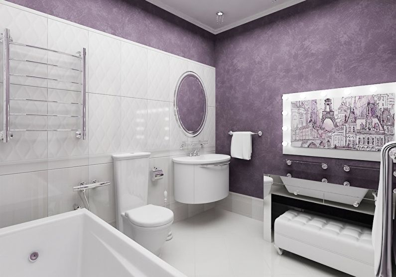 Сочетание цветов в интерьере ванной комнаты - фиолетовый с белым