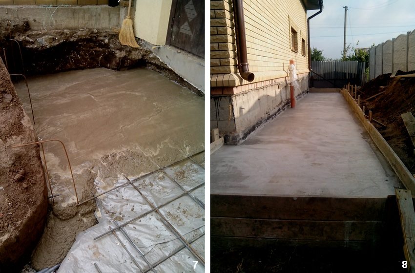 Пошаговая инструкция для строительства бетонной отмостки вокруг дома. Шаг 7: заливка бетоном. Шаг 8: выравнивание бетонной поверхности