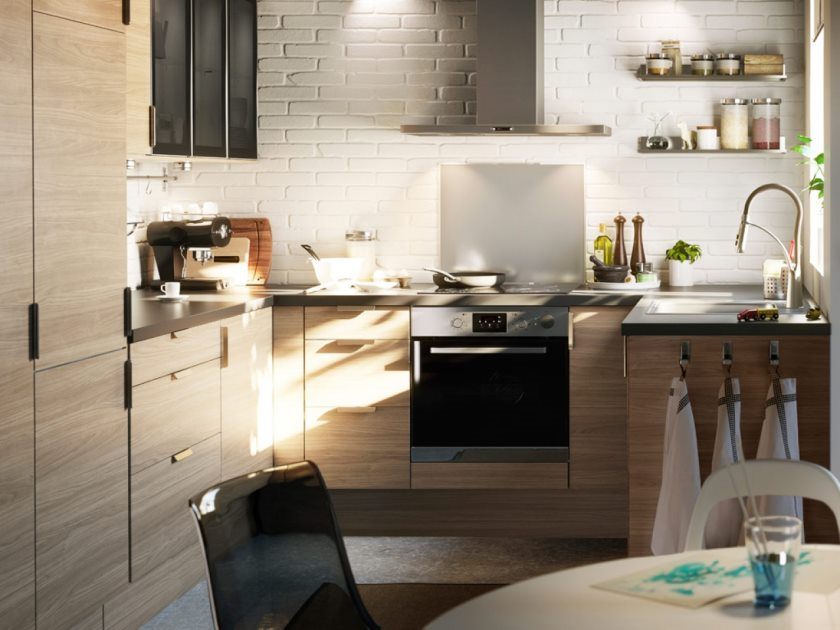 excellent-small-kitchen-design-layout-home-decoration-and-furnishing-ikea-style-kitchen-rooms-ideas-with-round-coffee-table-also-white-brick-walls-spacious