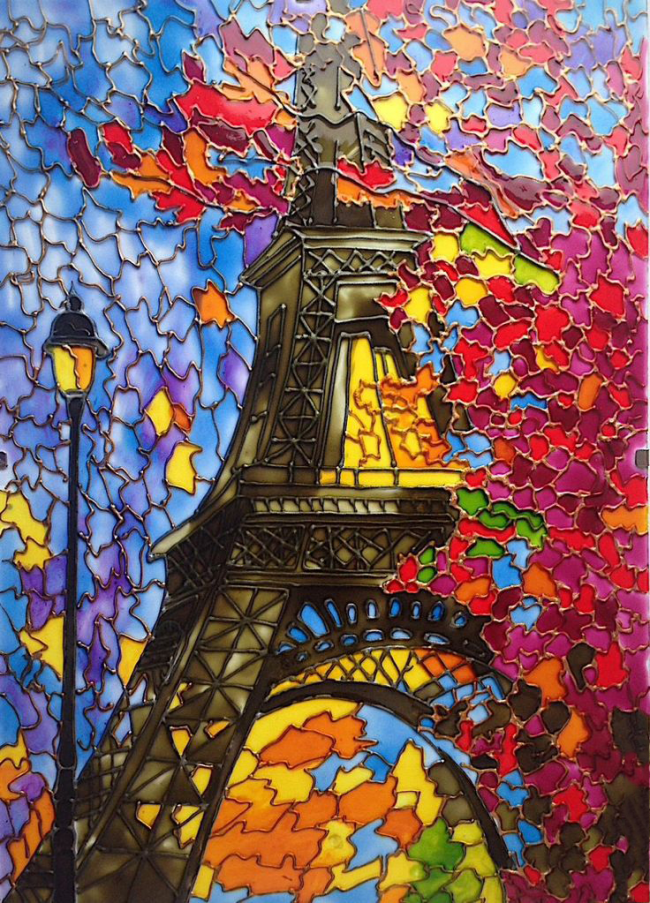 Картина на стекле с изображением эйфелевой башни витражными красками