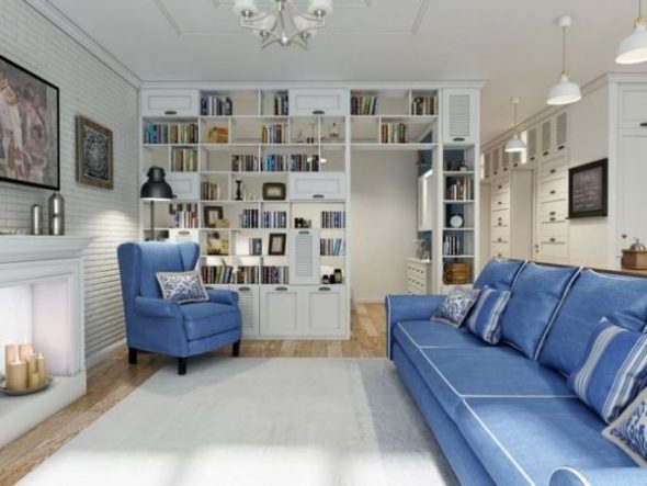 Синяя мебель в интерьере гостиной