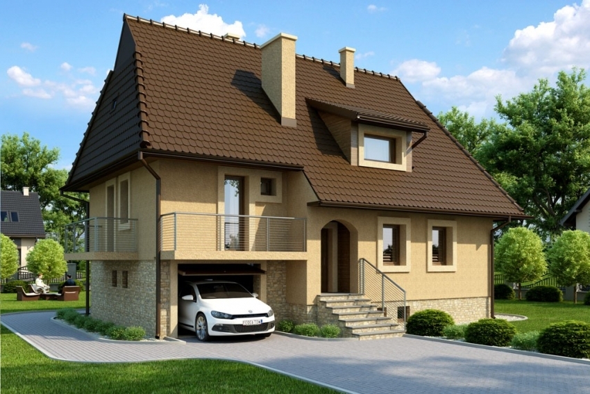 3D проект строения с мансардой, который предполагает одновременное возведение дома и гаража