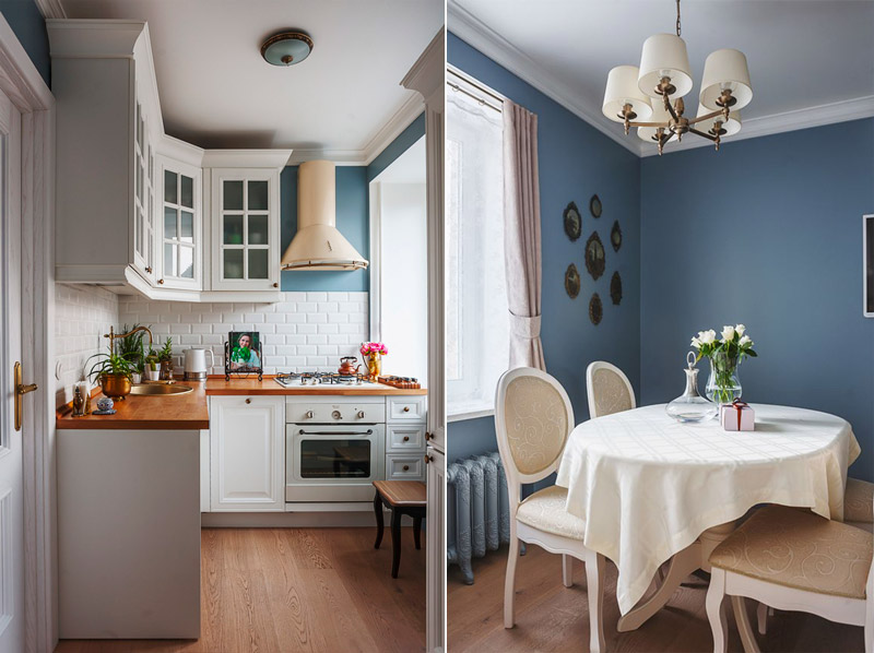 Синие стены в интерьере классической кухни