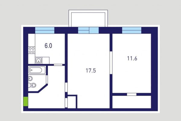 Схема планировки двухкомнатной квартиры со смежными комнатами