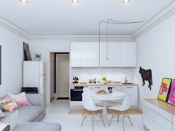 серо-белый дизайн кухни студии в небольшой квартире 