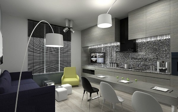 серый дизайн кухни-студии акценты диван кресло
