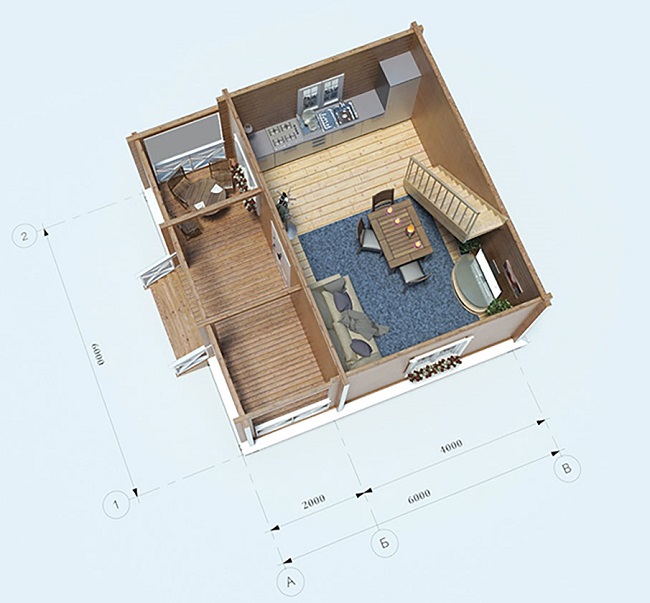 планировка двх+двухэтажного дома 6 на 6 с верандой с