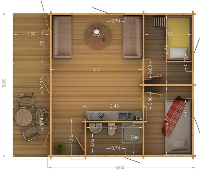 проект одноэтажного дома с совмещенной гостиной и кухней и двумя маленькими комнатами