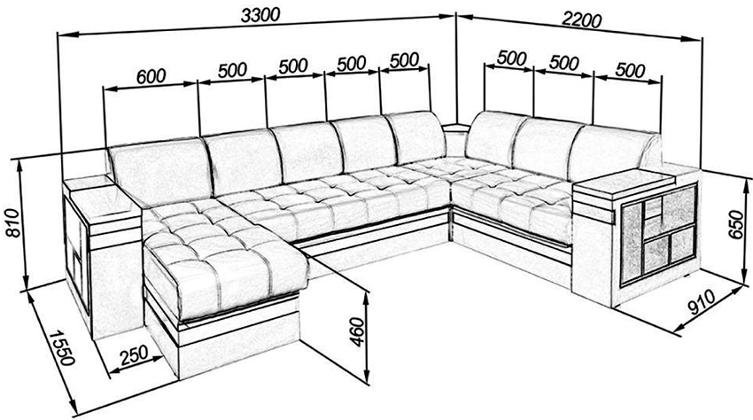 Чертеж нестандартного углового дивана с размерами