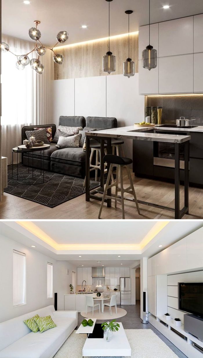 Сочетание белого цвета и дерева в интерьере кухонь-гостиных в стиле минимализм