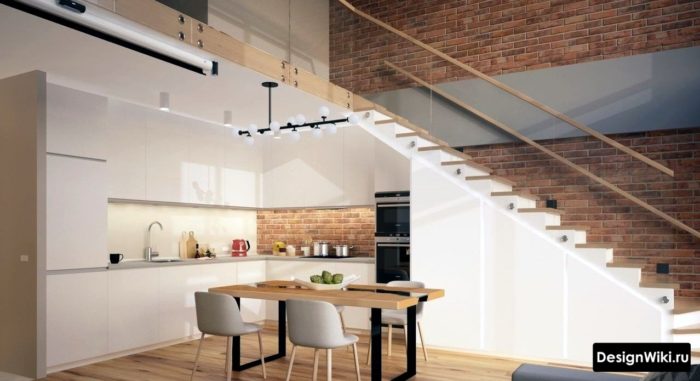 Кухня в стиле минимализм в двухуровневой квартире
