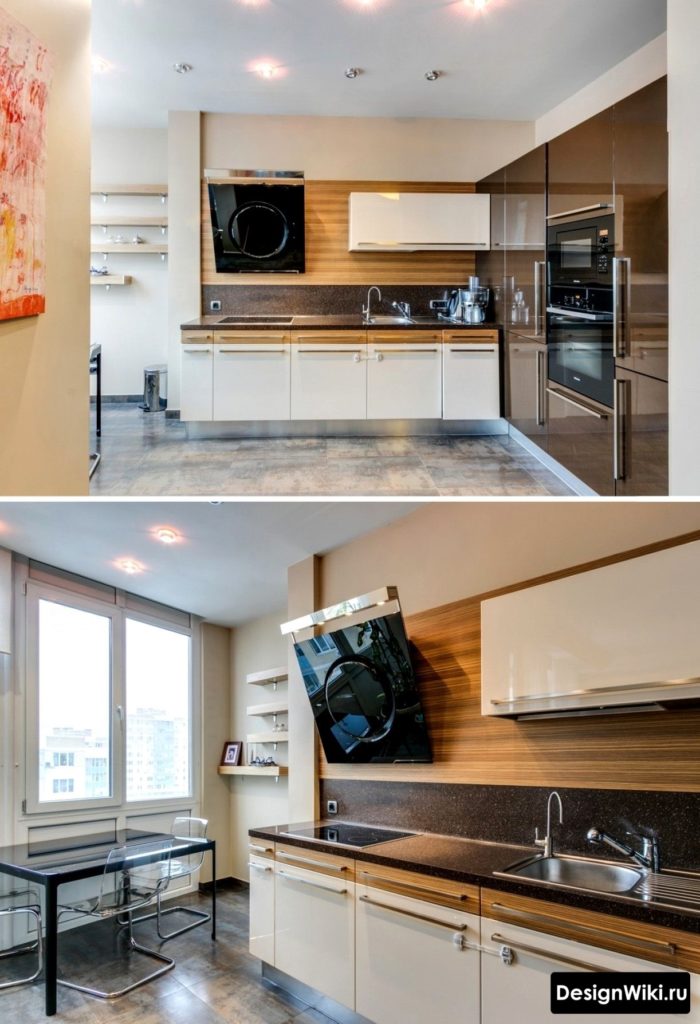 Нестандартный интерьер кухни с двухцветными нижними шкафами