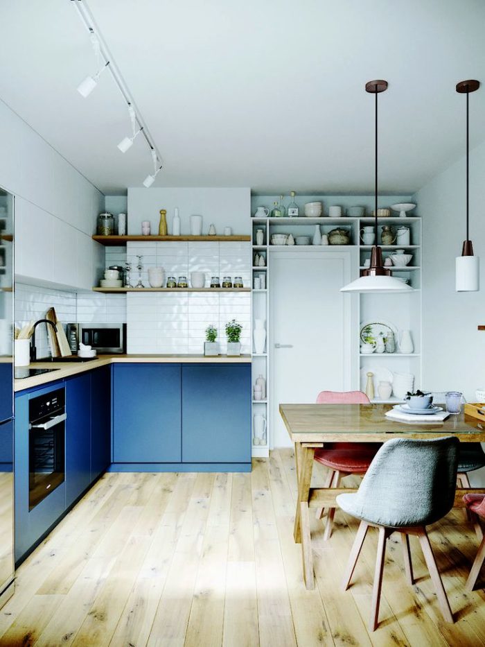 Современный дизайн кухни в скандинавском стиле и синем цвете