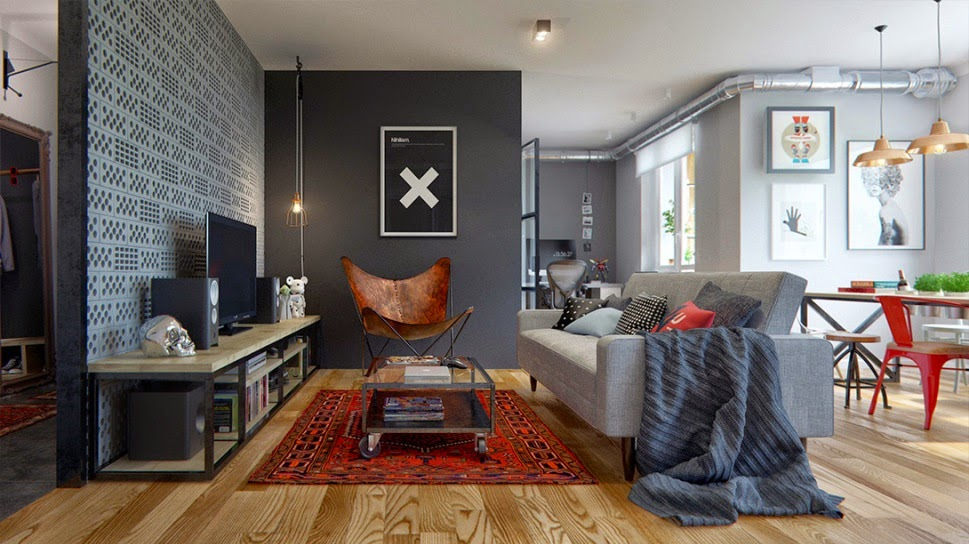 Современный интерьер с применением светлого ламината, в просторной квартире-студии