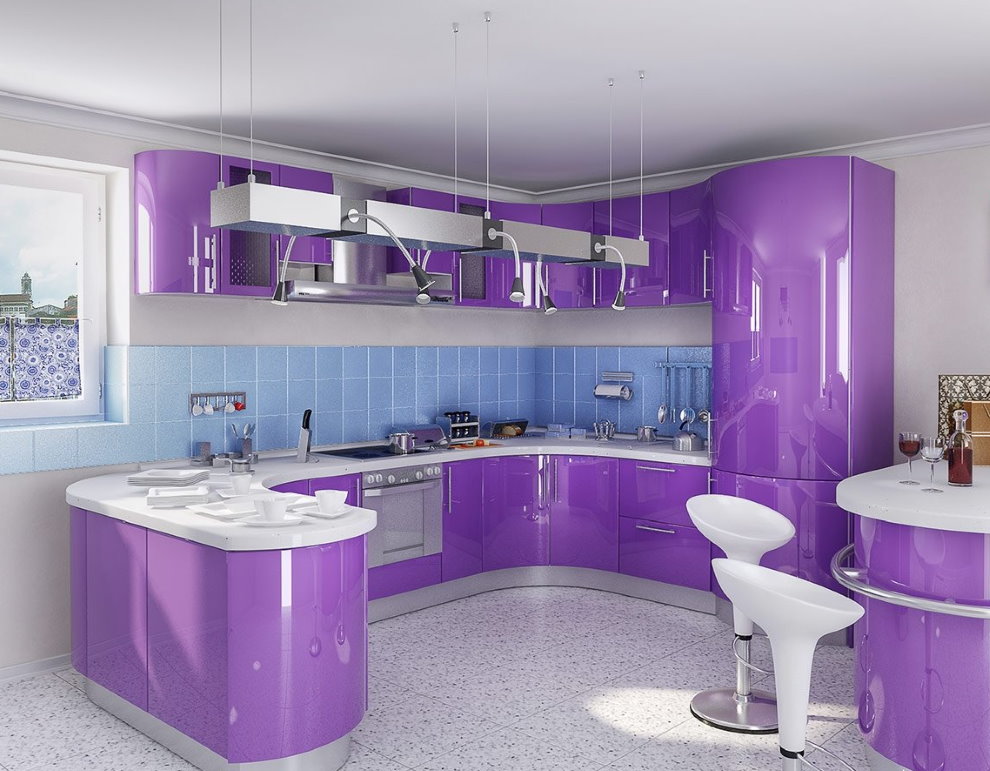 Современная кухня с фасадами светло-фиолетового цвета
