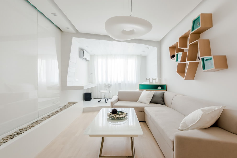 Интерьер гостиной в стиле минимализма с белыми стенами