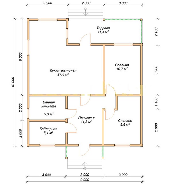 планировка одноэтажного дома 9 на 10 с террасой