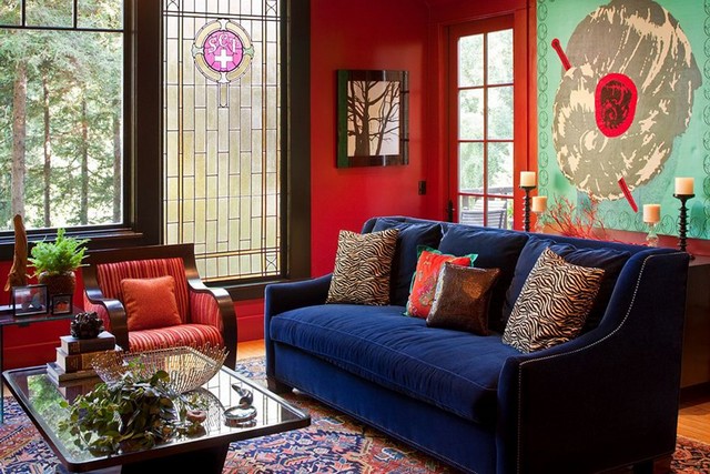 Синий диван сочетание с красным фото в интерьере