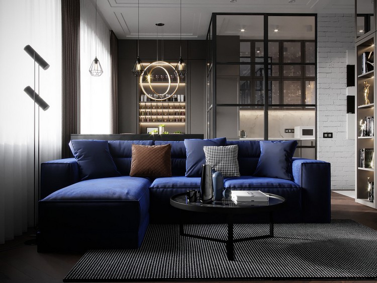 Синий диван в сером интерьере