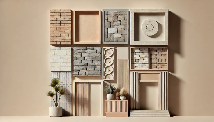DALL·E 2024-10-17 18.32.07 - A minimalist design showcasing different types of facade cladding materials like bricks, stone, and decorative plaster in a 16_9 aspect ratio. The ima