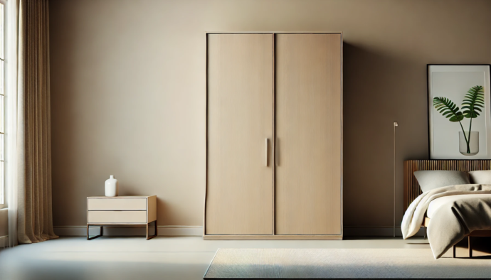 DALL·E 2024-10-22 08.06.14 - A minimalist design of a wardrobe with swing doors, focusing on the MDF fronts. The wardrobe should have a sleek and simple appearance, with smooth su