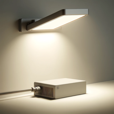 DALL·E 2024-11-03 10.30.24 - A minimalistic style image featuring a modern LED light fixture powered by a small, sleek power supply block. The scene is well-lit, with subtle shado