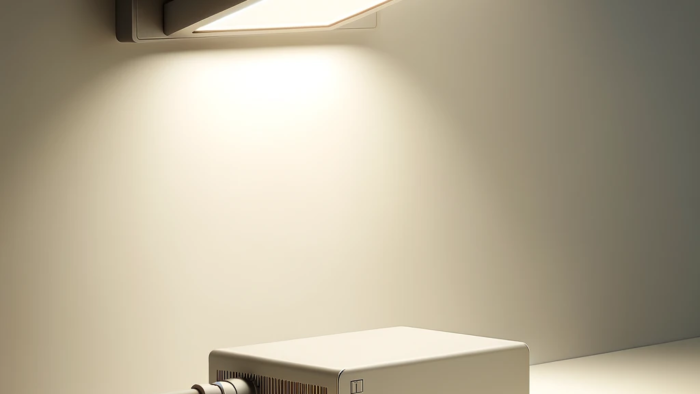 DALL·E 2024-11-03 10.30.24 - A minimalistic style image featuring a modern LED light fixture powered by a small, sleek power supply block. The scene is well-lit, with subtle shado