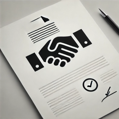 DALL·E 2025-02-28 18.25.23 - A minimalist illustration symbolizing a business deal. Two simple, abstract hands shaking, with clean lines and a monochrome color scheme. A small con