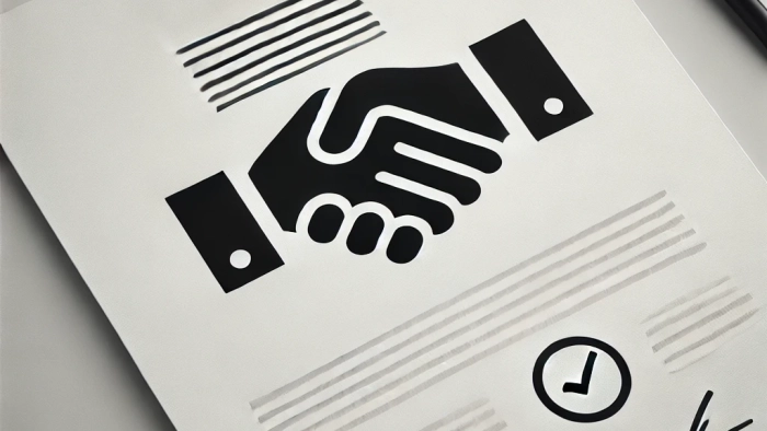 DALL·E 2025-02-28 18.25.23 - A minimalist illustration symbolizing a business deal. Two simple, abstract hands shaking, with clean lines and a monochrome color scheme. A small con